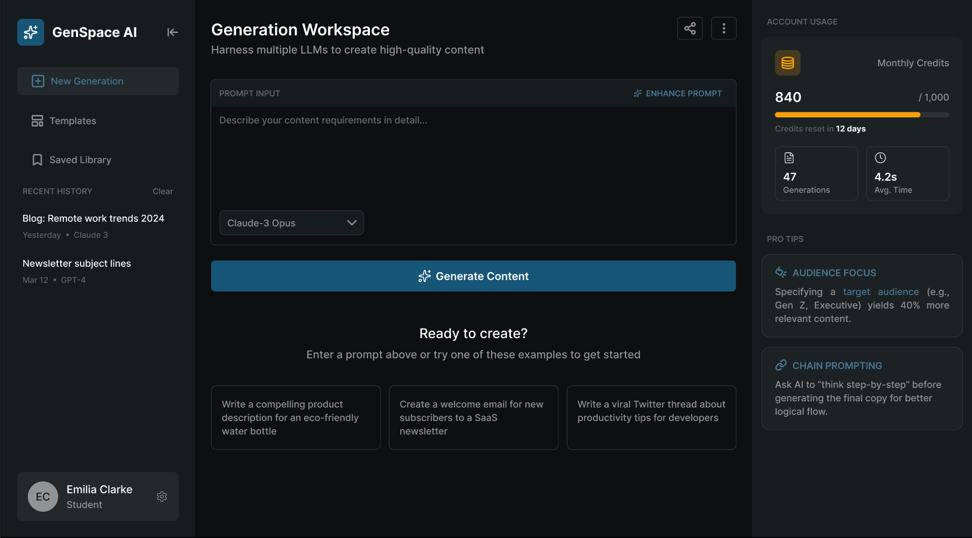 AI Content generation interface